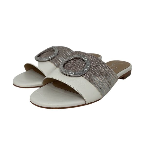 Joan Oloff Sandals Flats White Leather Silver Buckle Size 6.5 - Picture 4 of 13